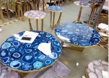 China Forma redonda lustrada do revestimento da pedra da ágata dos tampos da mesa parte superior azul de mármore luxuosa fornecedor